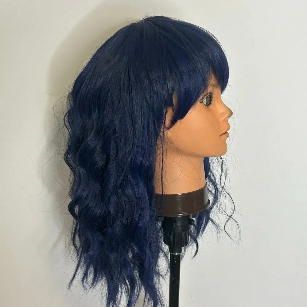 Heat Resistant Navy Blue Wavy Cosplay Wig with Bangs Adjustable Adult Cap
